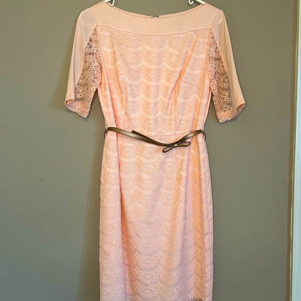Beautiful light peach lace overlay dress.  Worn once to a spring wedding.